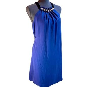 BCBG XS Imperial Blue, Decorative Black Velvet & Silver Bead Neckline Dress NWT